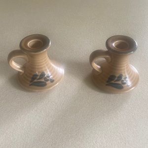 Vintage pair of Pfaltzgraff Folk Art pattern finger loop tapered candlesticks